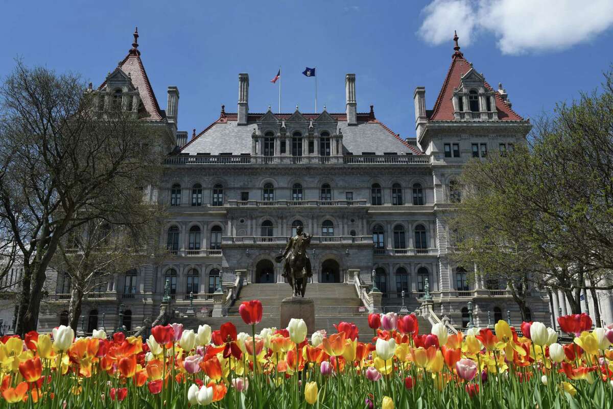 Tulips bloom in front of the Capitol on Wednesday, May 8, 2019, in Albany, N.Y. (Will Waldron/Times Union)