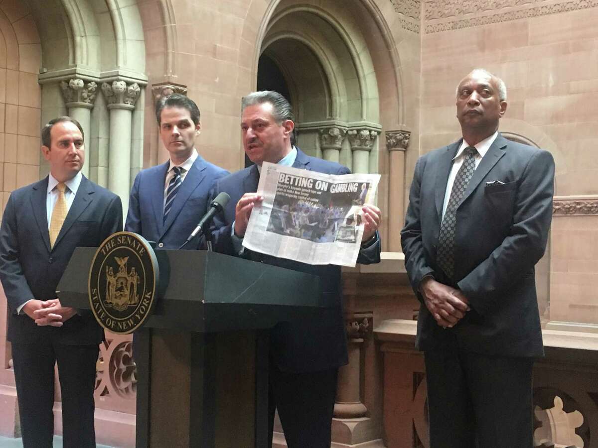 Sen. Joe Addabbo, a Queens Democrat, argues that New York needs to embrace online sports wagering and complains about how far ahead New Jersey is on the issue during a Capitol press conference on Wednesday, May 8 (David Lombardo / Times Union)