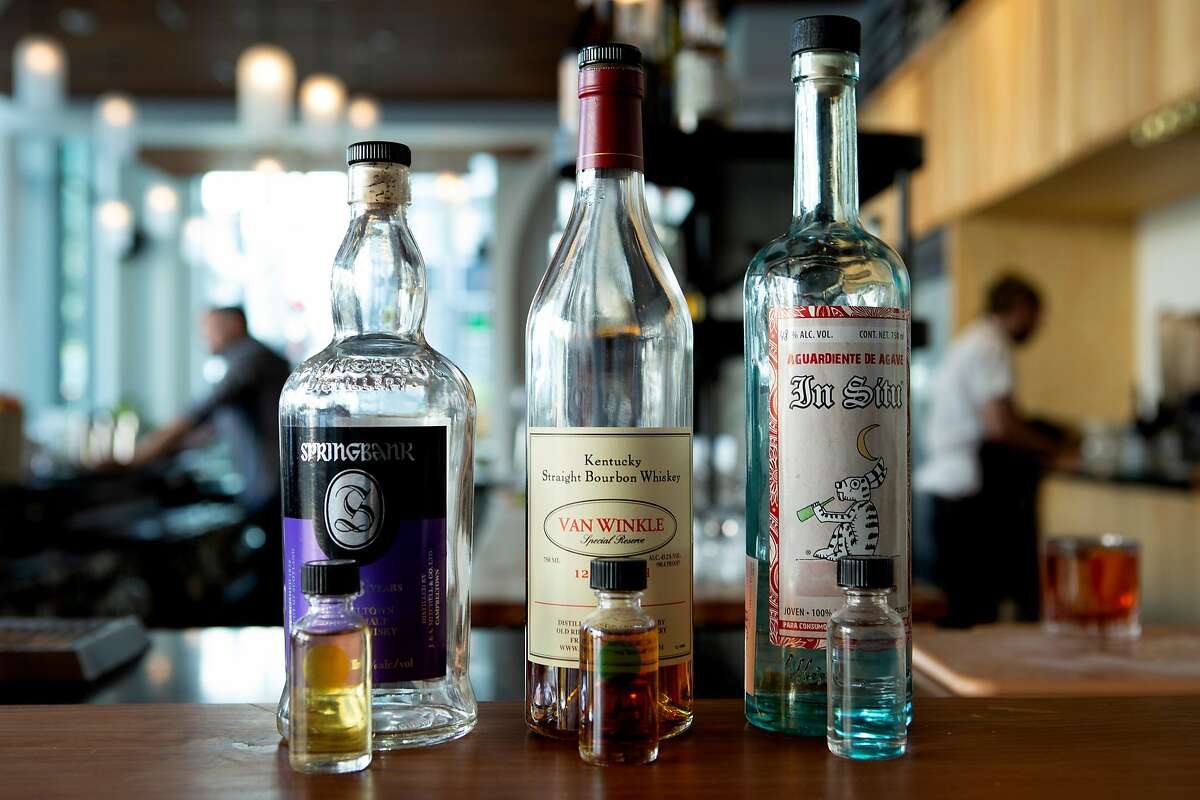 The single-serve bottles from the Wee Dram menu at Nommo on Tuesday, May 7, 2019, in San Francisco, Calif.