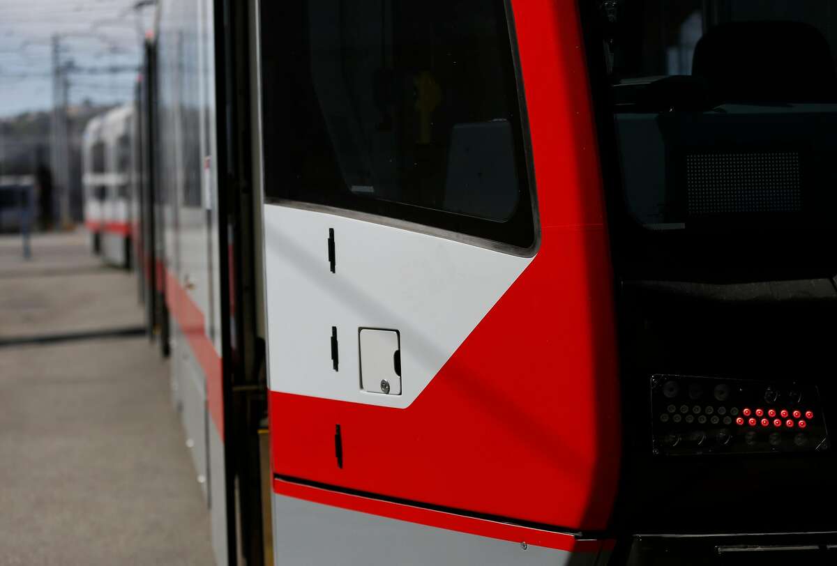 New LED lights pictured on the front of new MUNI trains as they sit on tracks at MUNI Metro East Maintenance Facility July 20, 2017 in San Francisco, Calif.