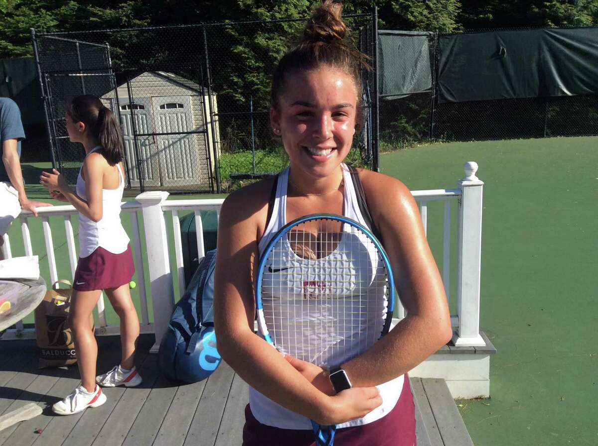 Juliana LoRicco won her fourth singles match for Hopkins School against Greenwich Academy on Wednesday, May 8, 2019.