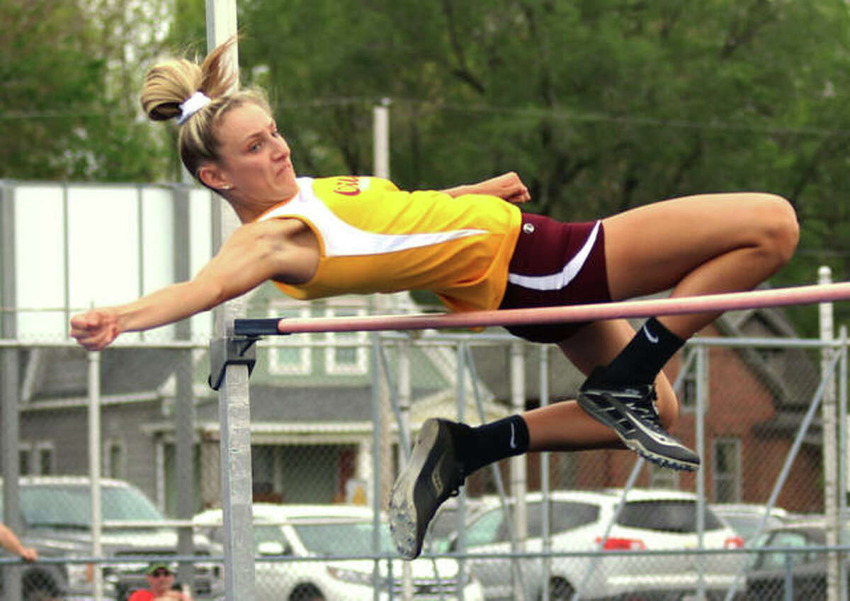 EA-WR sophomore Hannah Sechrest clears the bar at 5 feet, 3 inches to set a school record in the high jump Monday at the Springfield Lanphier Class 2A Sectional. Sechrest advances to state in the event.