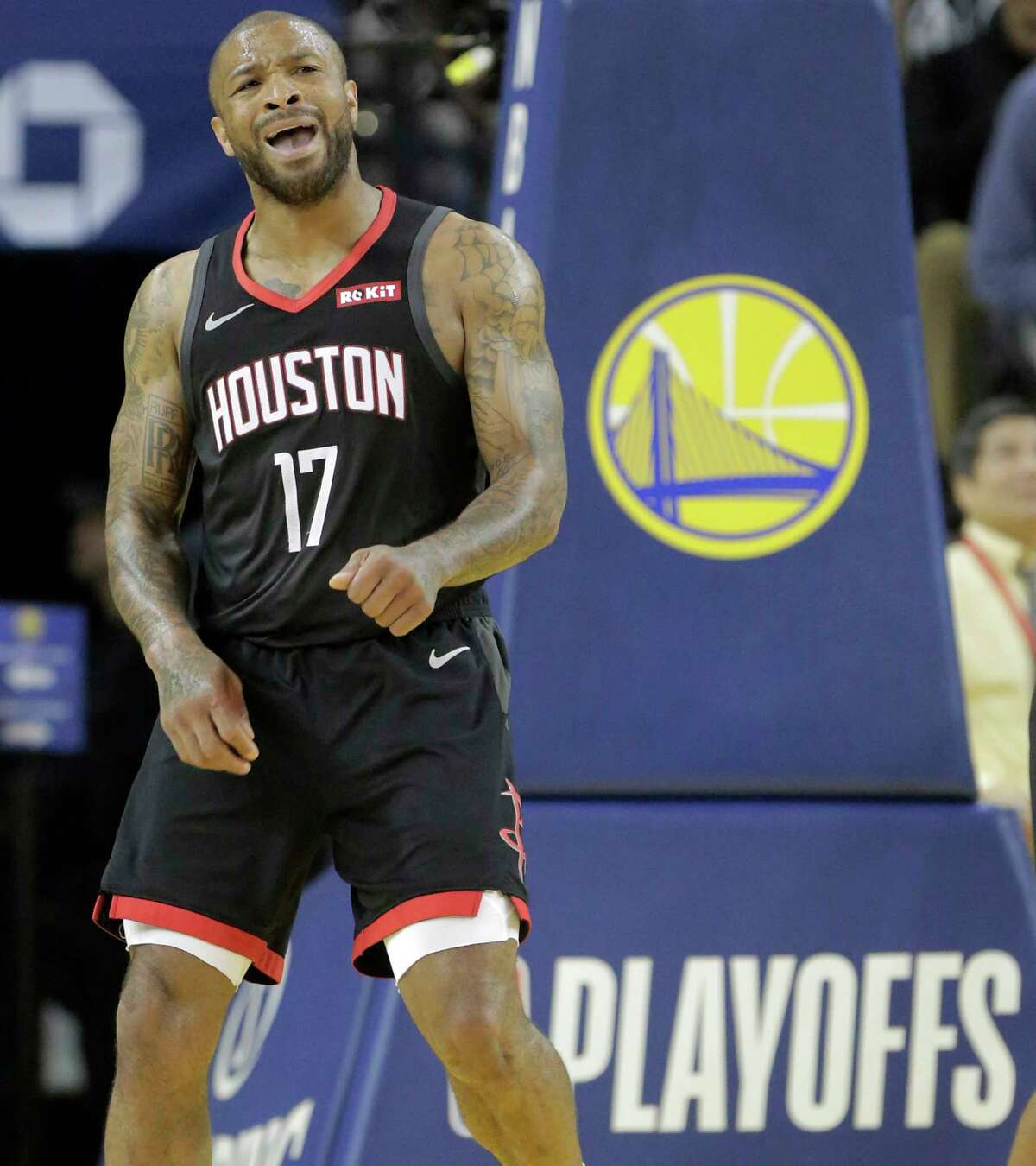 Houston Rockets forward PJ Tucker (17) reacts to having a foul called on him during the first half of Game 5 of the NBA Western Conference semifinals against the Golden State Warriors at Oracle Arena on Wednesday, May 8, 2019, in Oakland.