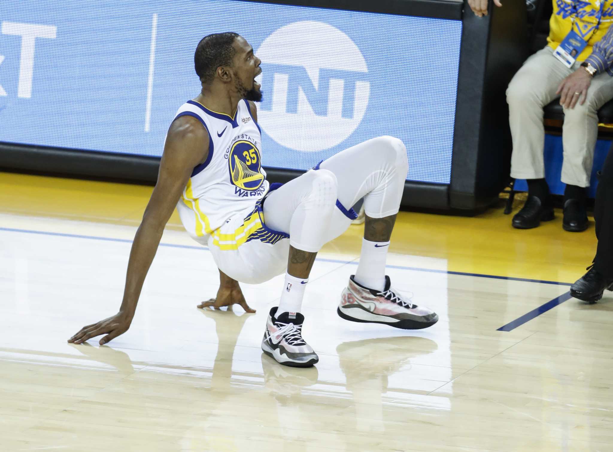 Warriors say Kevin Durant knocked out of Game 5 after suffering calf ...