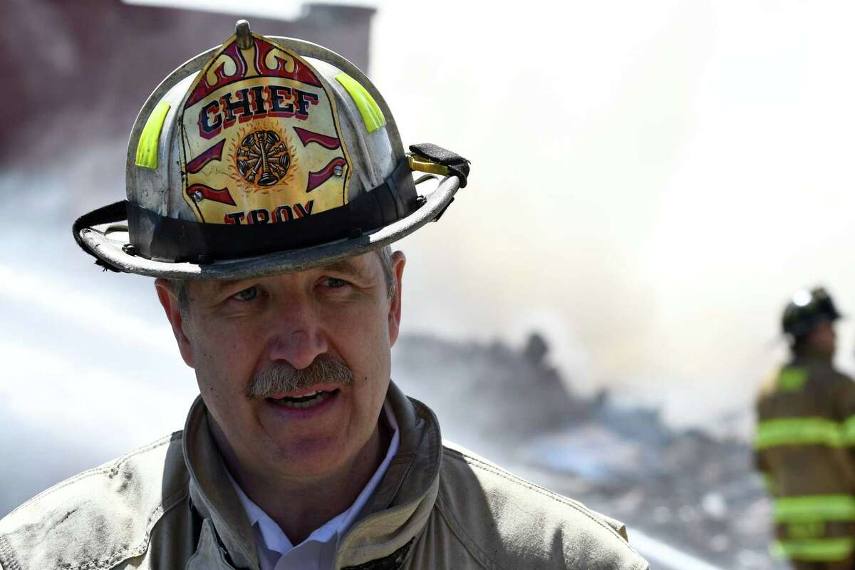 Troy Chief Eric McMahon addresses the media on the Alpha Lanes bowling alley fire on Wednesday, May 8, 2019, in Troy, N.Y. McMahon said firefighters rescued a woman from a second-floor bedroom Oct. 10, 2022. (Will Waldron/Times Union)