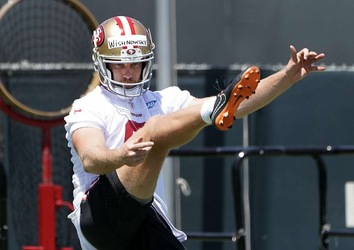 San Francisco 49ers rookie punter Mitch Wishnowsky kicks the ball during the NFL football team's rookie minicamp in Santa Clara, Calif., Friday, May 3, 2019.