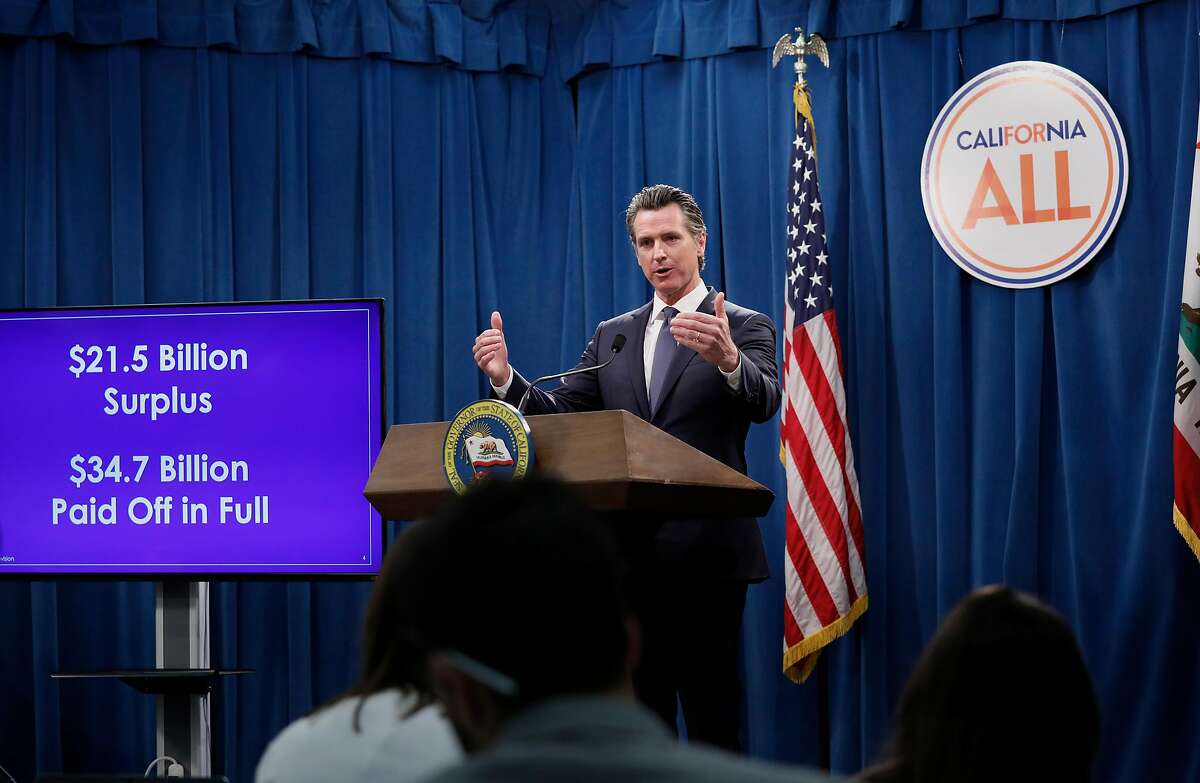 California Governor Gavin Newsom releases details of his revised state budget for fiscal 2019-2020 during a press conference.