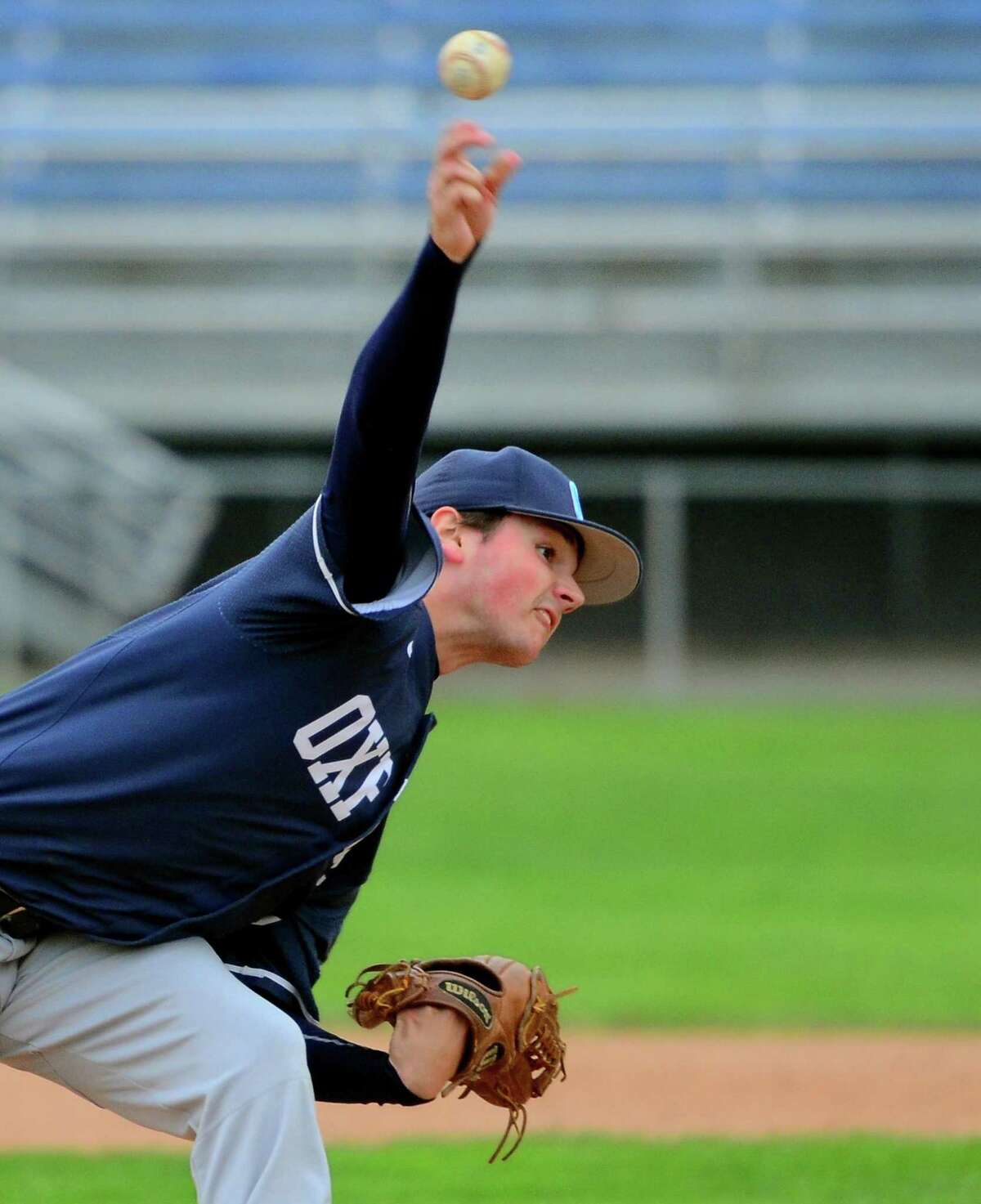 Oxford’s Liam Donaldson delivers a pitch during his team’s 9-0 win over Ansonia on Thursday.