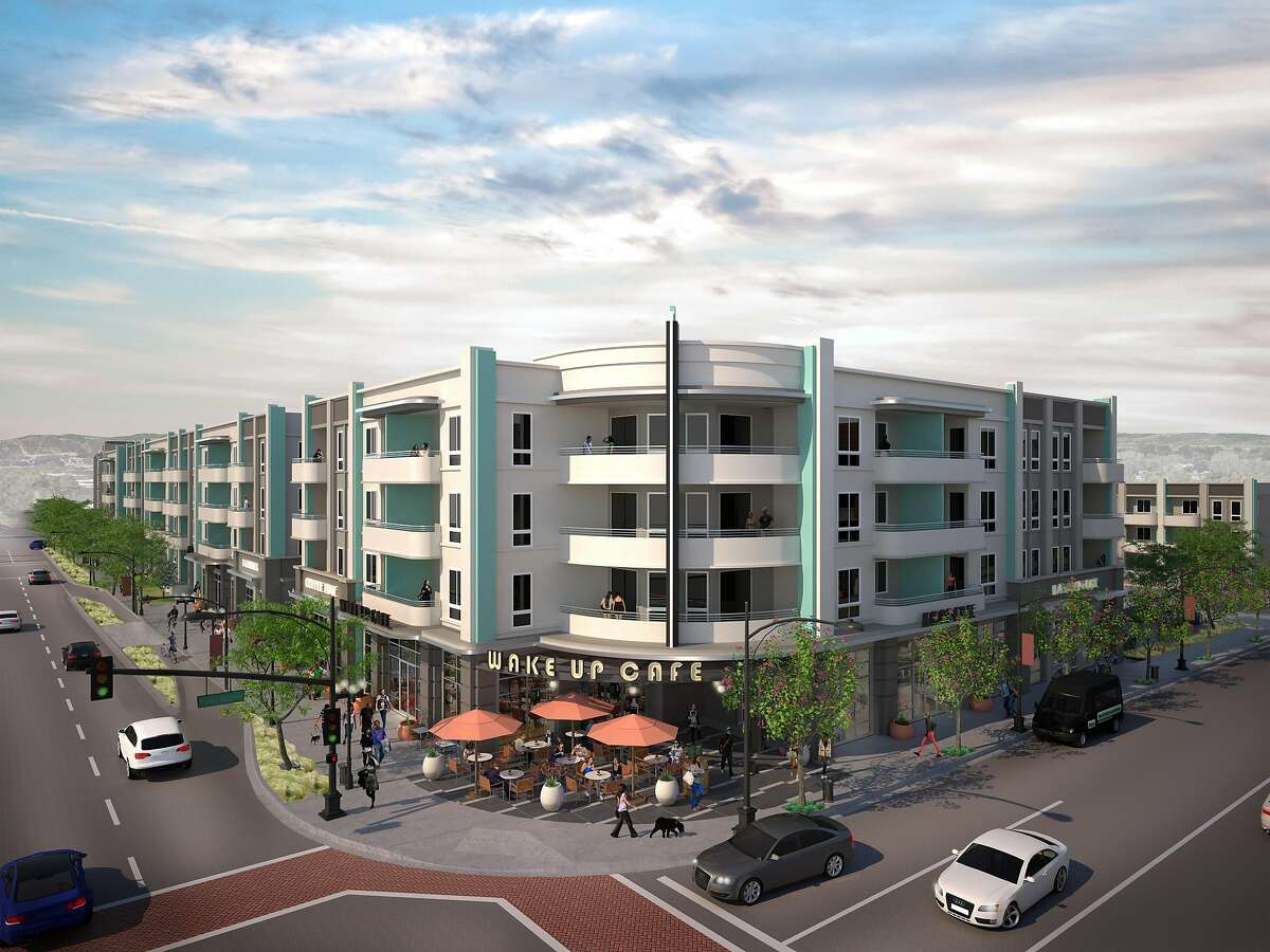 A rendering of the proposed Village Green housing project in San Lorenzo, California. It is on a main artery, Hesperian Blvd., and on the former site of a Mervyn's department store.