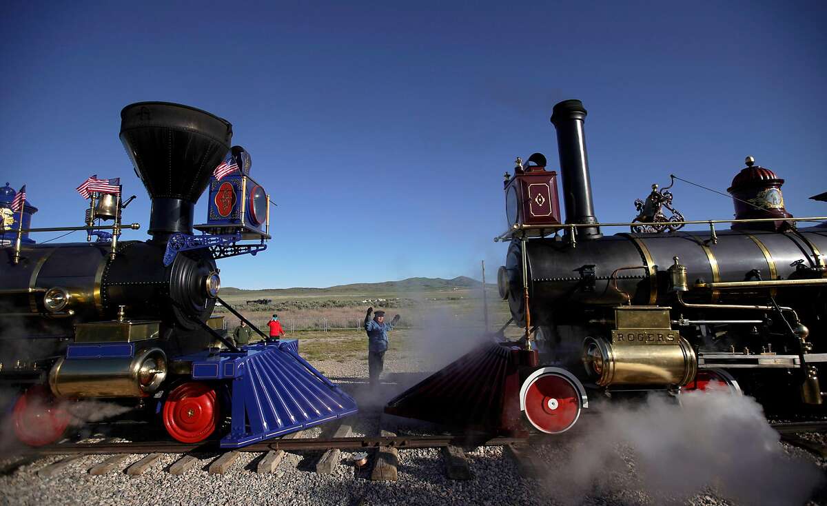 PROMONTORY, UT - MAY 10: The Jupiter (L) and the 119 steam engines makes their way into place for the 150th anniversary of the driving of the Golden Spike on May 10, 2019 in Promontory, Utah. The driving of the Golden Spike completed the Transcontinental Railroad that liked both coast of the United States for the first time. (Photo by George Frey/Getty Images)