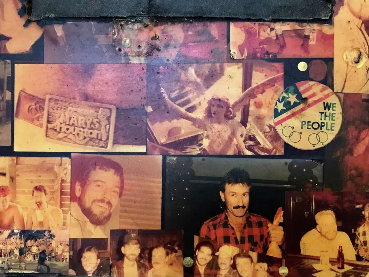 A detail of one of the fragments reclaimed from Mary's... Naturally from a 2021 exhibit at the Contemporary Arts Museum of Houston. During the AIDS crisis, patrons affixed photographs of friends to the surface of the bar.