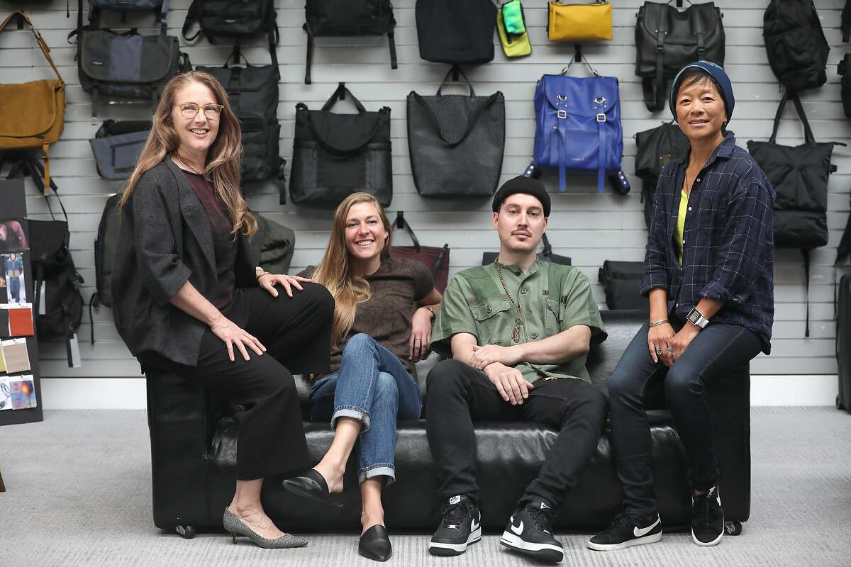 Left to right--CEO of Timbuk2 Patti Cazzato, brand manager Michelle Nadeau, global merchandiser Brandon McCarthy and head of global sales Ami Takahashi seen at headquarters on Thursday, April 11, 2019, in San Francisco, Calif.
