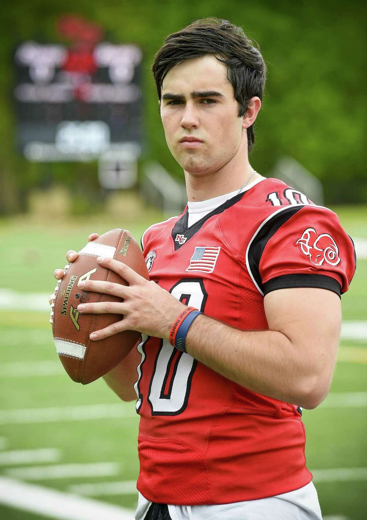 New Canaan QB Drew Pyne is photograph on May 9, 2019 at New Canaan High School's Dunning Field in New Canaan, Connecticut. The Junior has committed to play football at Notre Dame and is already New Canaan’s all-time leading passer. He is one of the most widely-discussed and dissected quarterbacks in the history of Connecticut high school football.