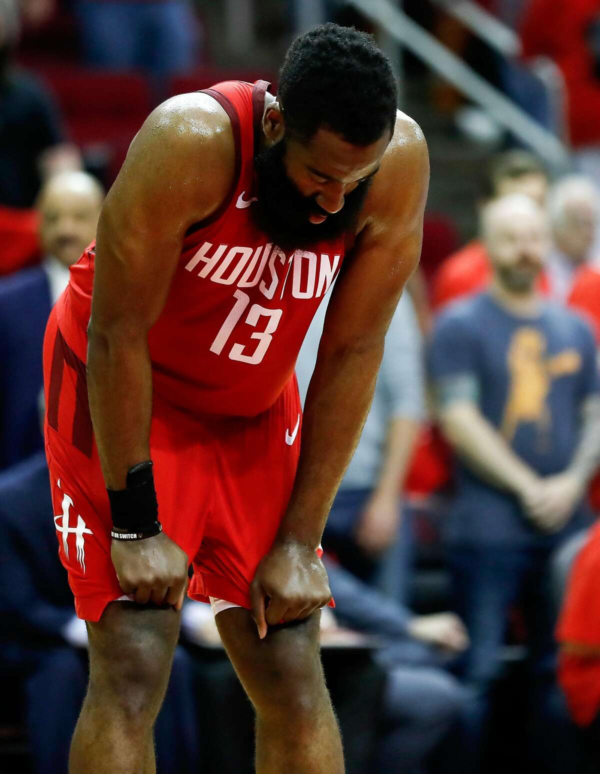 Houston Rockets guard James Harden (13) pauses on the court during the second half of Game 6 of the NBA Western Conference semifinals against the Golden State Warriors at Toyota Center on Friday, May 10, 2019, in Houston. The Warriors eliminated the Rockets with a 118-113 win, to take the series 4-2.