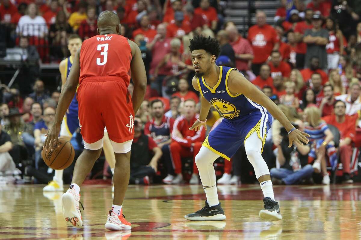 Golden State Warriors guard Quinn Cook plays defense against Houston Rockets guard Chris Paul in the third quarter during Game 6 in the Western Conference Semifinals against the Houston Rockets at Toyota Center in Houston, TX on Friday May 10, 2019.