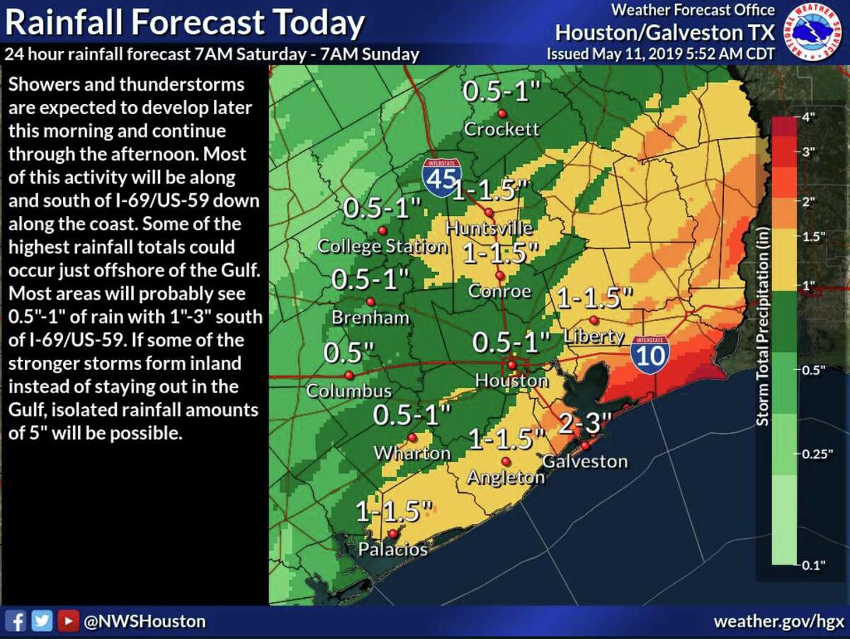 Weather forecasters have placed Houston, parts of Harris County and nearby counties along the Gulf coast under a flash flood watch through 7 p.m. Saturday.