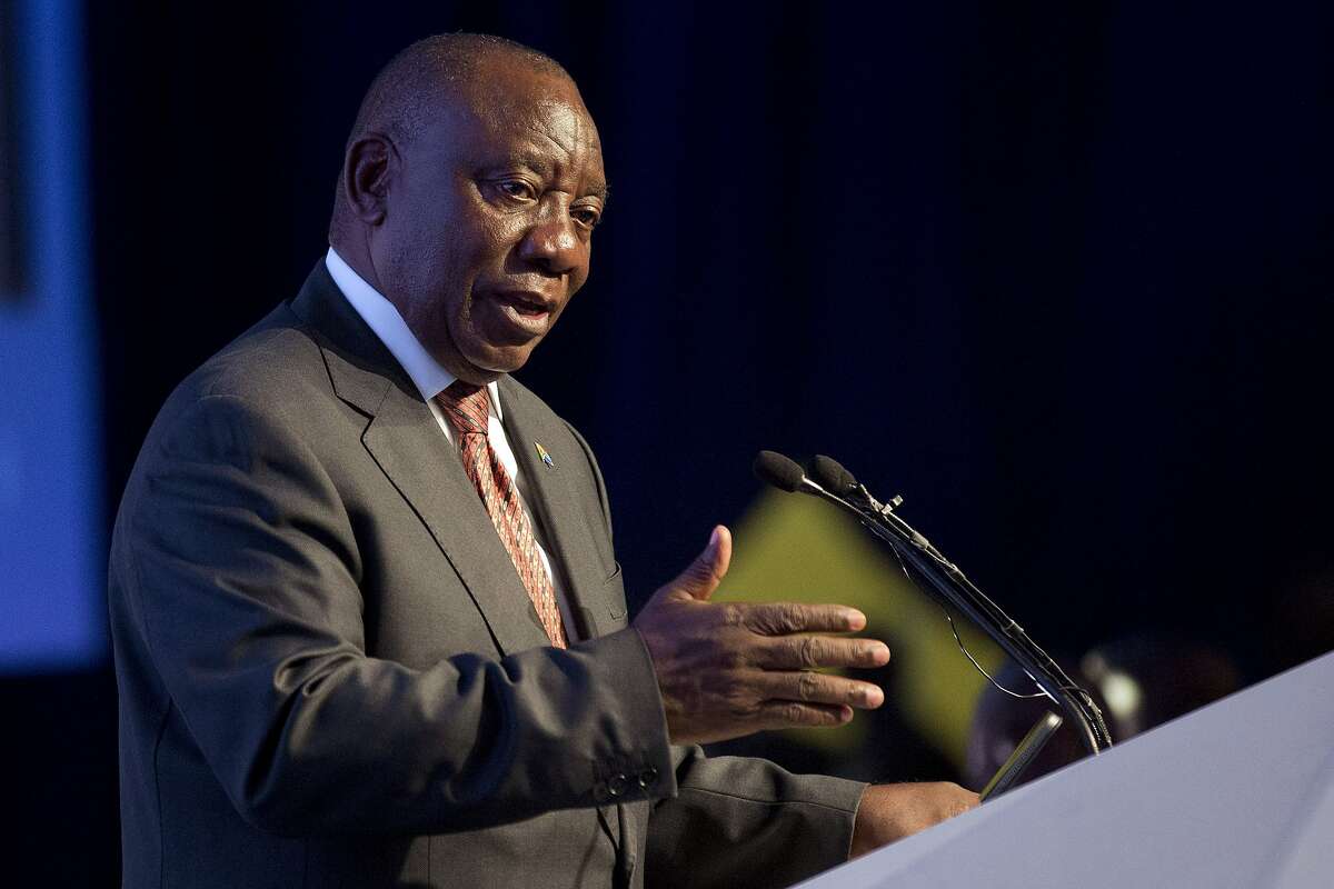 South Africa President Cyril Ramaphosa addresses the nation after the Independent Electoral Commission announced the final results in South Africa's general election in Pretoria, Saturday, May 11, 2019. South Africans voted Wednesday in a national election and results show that the ruling African National Congress party (ANC) has won the national elections but has seen its share of the vote drop significantly. (AP Photo/Jerome Delay)