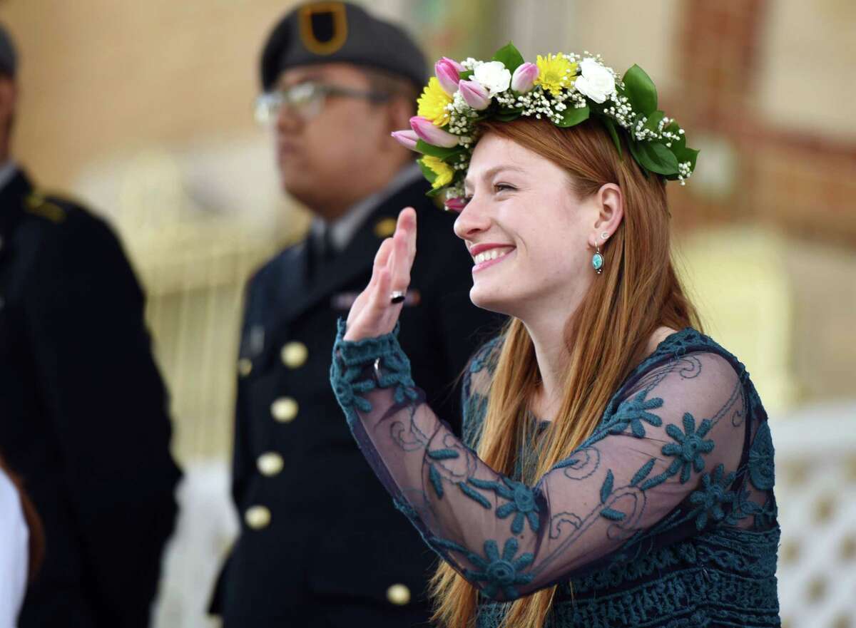 2018 Albany Tulip Queen Sawyer Cresap waves to the crowd during the 2019 Tulip Queen Coronation on Saturday, May 11, 2019 at Washington Park in Albany, NY. (Phoebe Sheehan/Times Union)