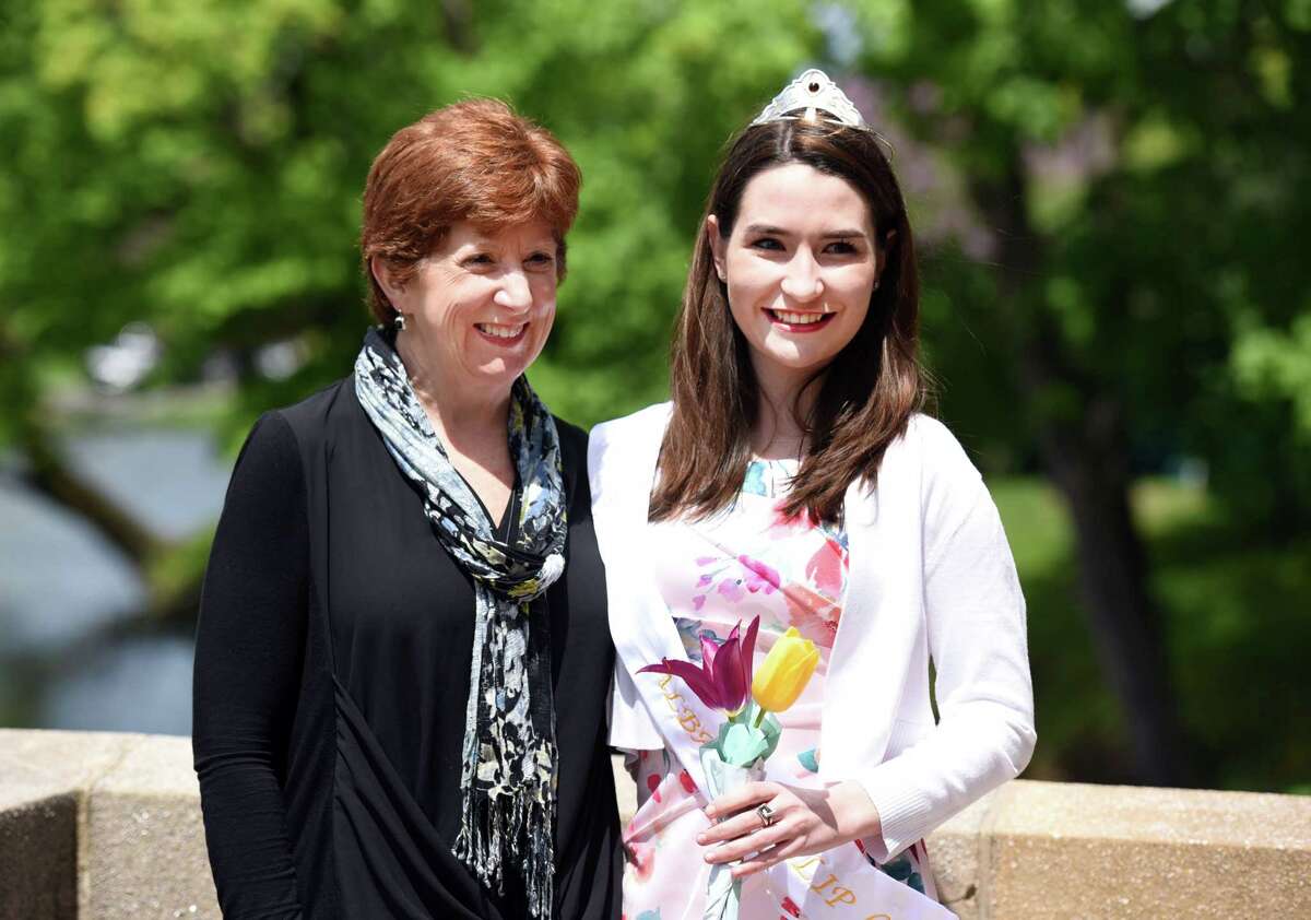 Albany's 2019 Tulip Queen Emily Barcia-Varno, 22, of Glenmont, and Albany Mayor Kathy Sheehan smile for a picture during the Tulip Festival on Saturday, May 11, 2019 at Washington Park in Albany, NY. (Phoebe Sheehan/Times Union)