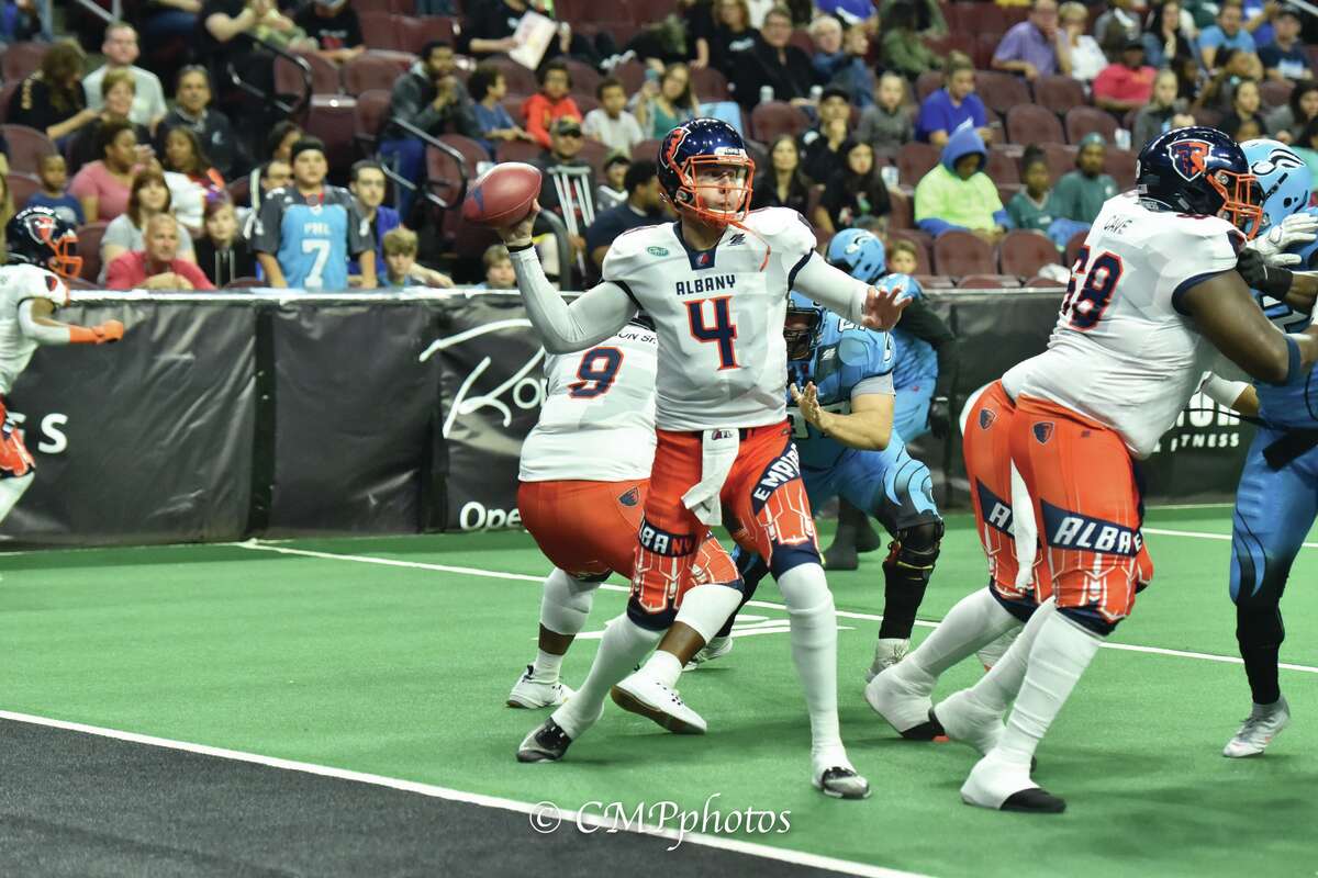 Tommy Grady (4) of the Albany Empire looks to pass in the first half against the Philadelphia Soul on Saturday, May 11, 2019.