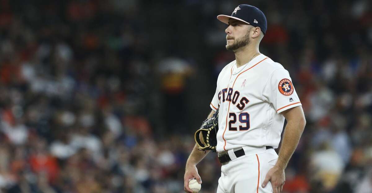 Houston Astros starting pitcher Corbin Martin (29) pitches during the top sixth inning against the Texas Rangers at Minute Maid Park on Sunday, May 12, 2019, in Houston.