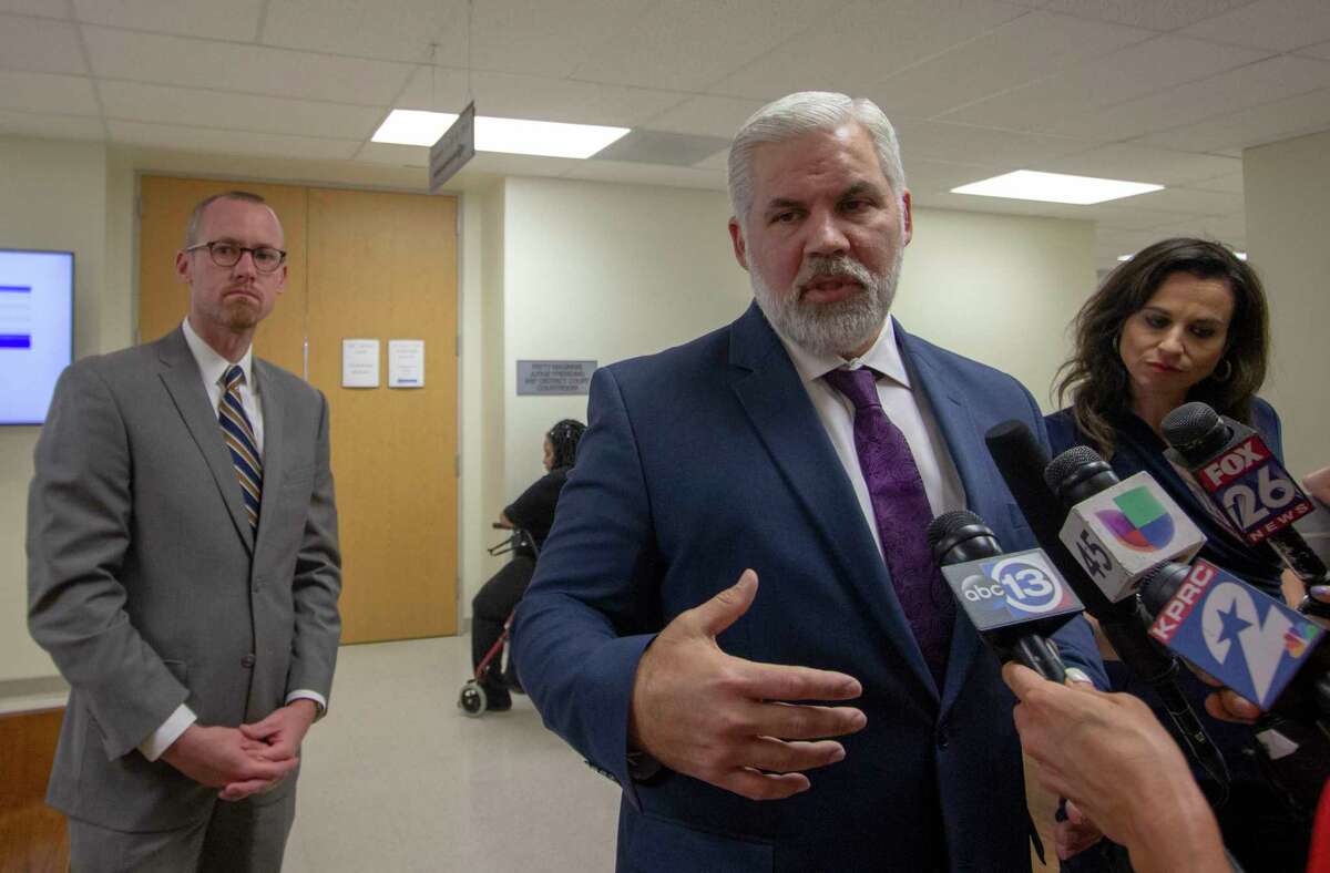 Montgomery County district attorney Brett Ligon speaks to media Monday, May 13, 2019 outside the 435th state District Court of Judge Patty Maginnis in Conroe.