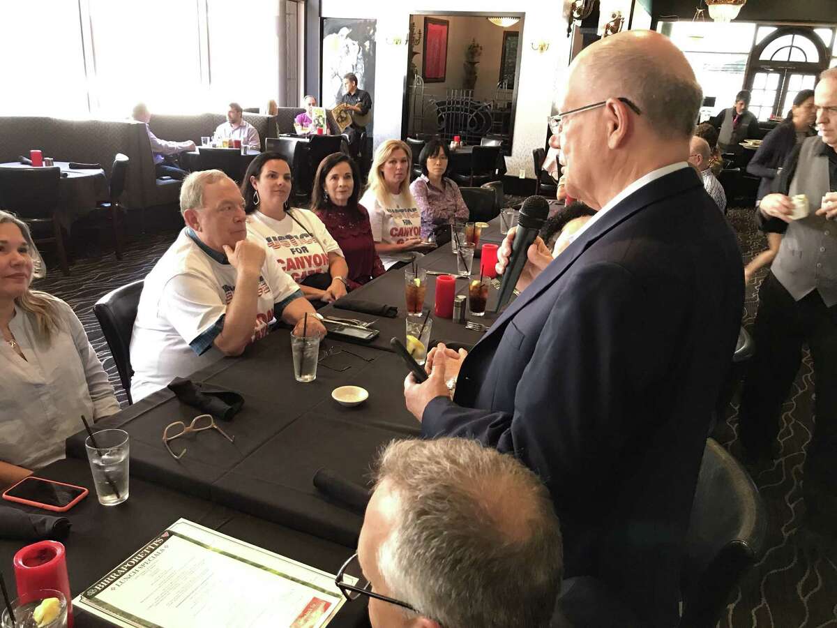 Hurricane Harvey flood victims from Canyon Gate upstream of the Barker Reservoir convene for lunch with Fort Bend County Commissioner Andy Meyers on Monday, May 13, 2019, in Houston. The group had come to downtown to watch the federal takings trial of property owners who sued the U. S. Army Corps of Engineers for using their land to store floodwater.