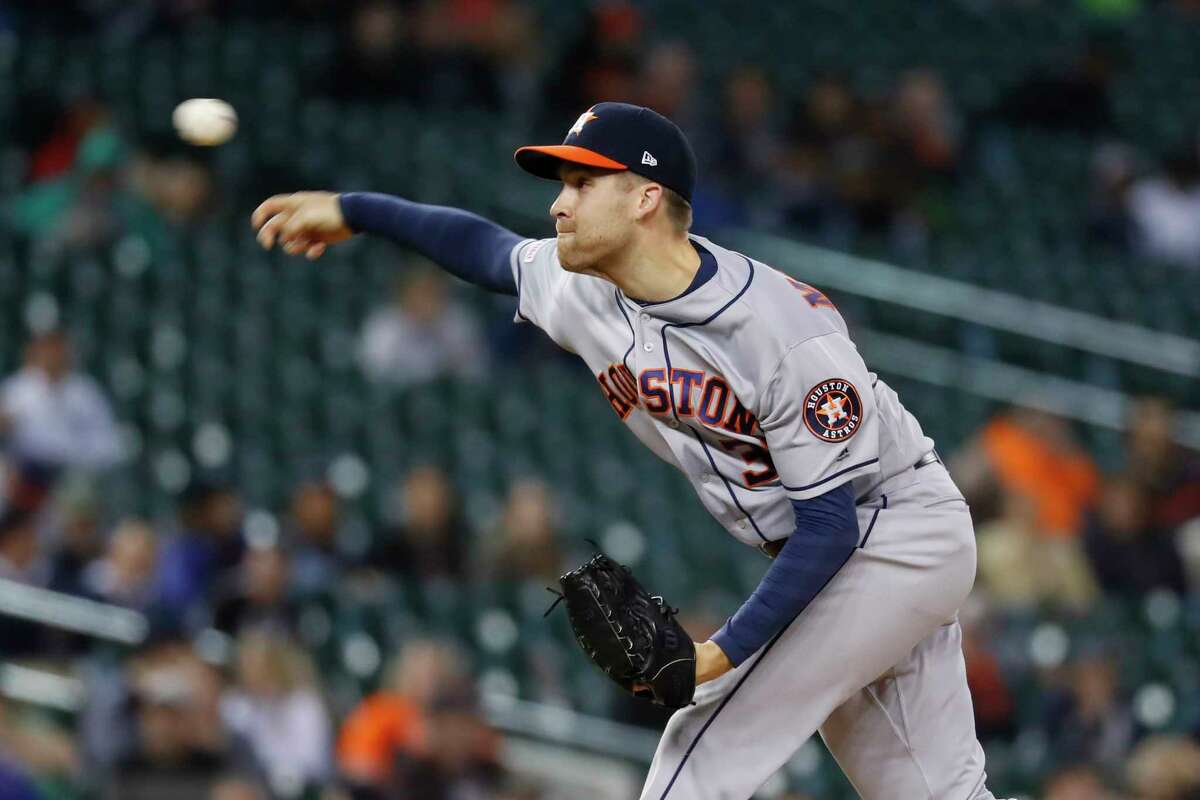 Houston Astros relief pitcher Collin McHugh throws in the seventh inning of a baseball game against the Detroit Tigers in Detroit, Tuesday, May 14, 2019. (AP Photo/Paul Sancya)