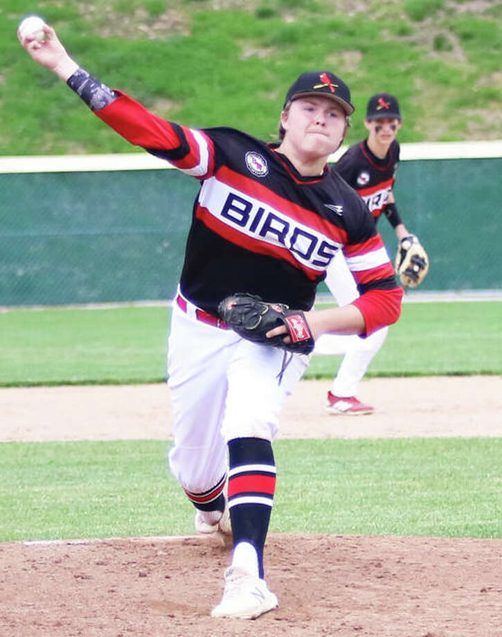 Alton senior Adam Stilts, shown pitching earlier this season at Alton High, took the tough-luck loss Tuesday against Belleville West in a Southwestern Conference baseball game in Belleville. Photo: Greg Shashack / The Telegraph