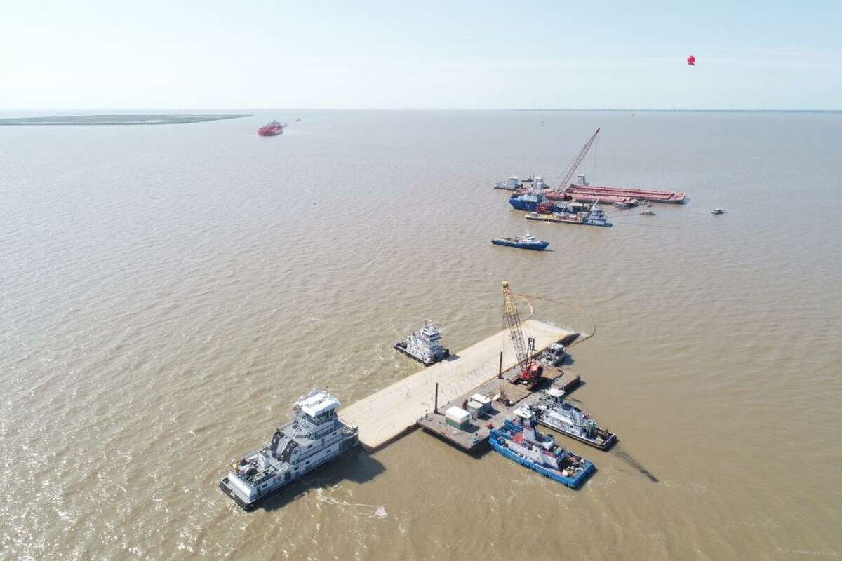 An encompassing view of the entire barge and tanker collision site on the Houston Ship Channel on May 14, 2019.
