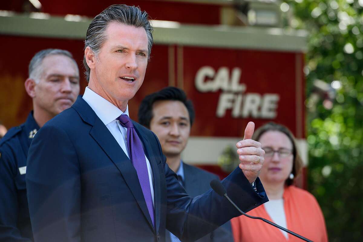 Governor Gavin Newsom speaks during a press conference held in Tilden Park in Berkeley, Calif, on Tuesday, April 23, 2019. Governor Gavin Newsom joins Oakland Mayor Libby Schaaf and Berkeley Mayor Jesse Arregu’n as well as state and local fire officials with Cal Fire to discuss the hazards posed by wildfires at the interface where wild land and urban development meet.