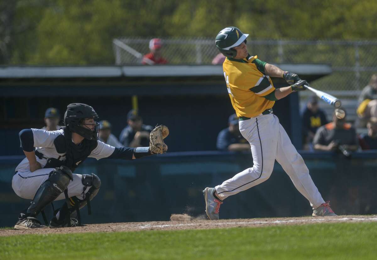 Dow's Dex Guentensberger bats during Midland and Dow's first game of a doubleheader at the Midland High baseball field Wednesday, May 15, 2019. (Josie Norris/for the Daily News)