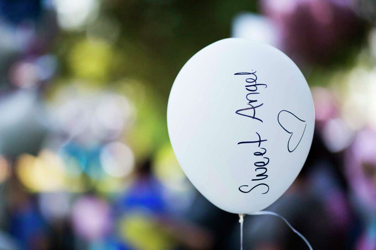 The words "sweet angel" were written on a balloon intended to be release in remembrance of Maleah Davis on Wednesday, May 15, 2019, in Sugar Land.