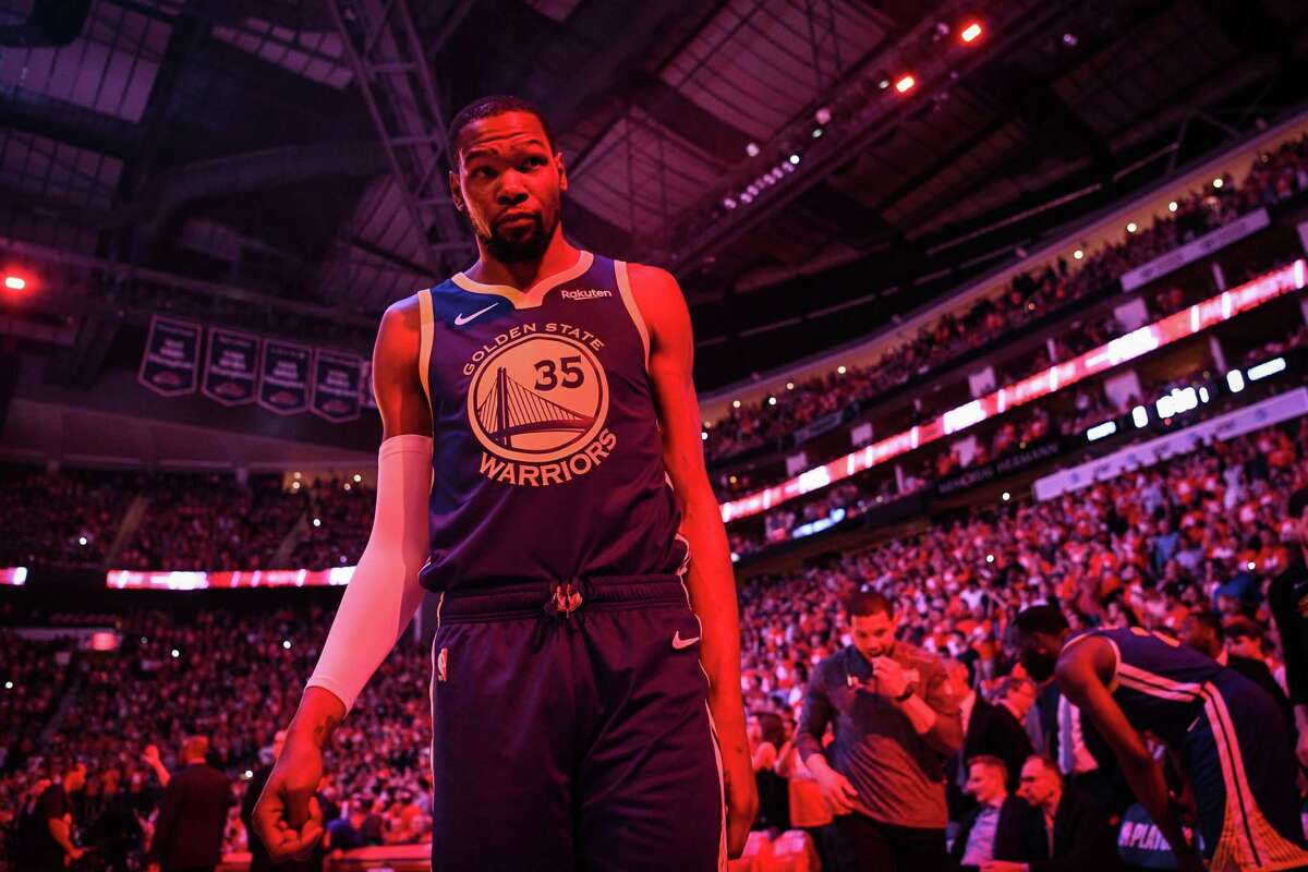 Golden State Warriors forward Kevin Durant (35) prepares for the start of game 4 of the NBA Western Conference Semifinals between the Golden State Warriors and Houston Rockets at the Toyota Center in Houston, Texas, on Monday, May 6, 2019.