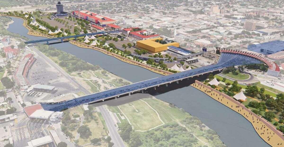 This rendering displays the US-Mexico border — particularly Laredo’s outlet mall area — if it had a levee wall built along the riverfront which people could walk next to as “as a beautification and economic development driver for downtown.”