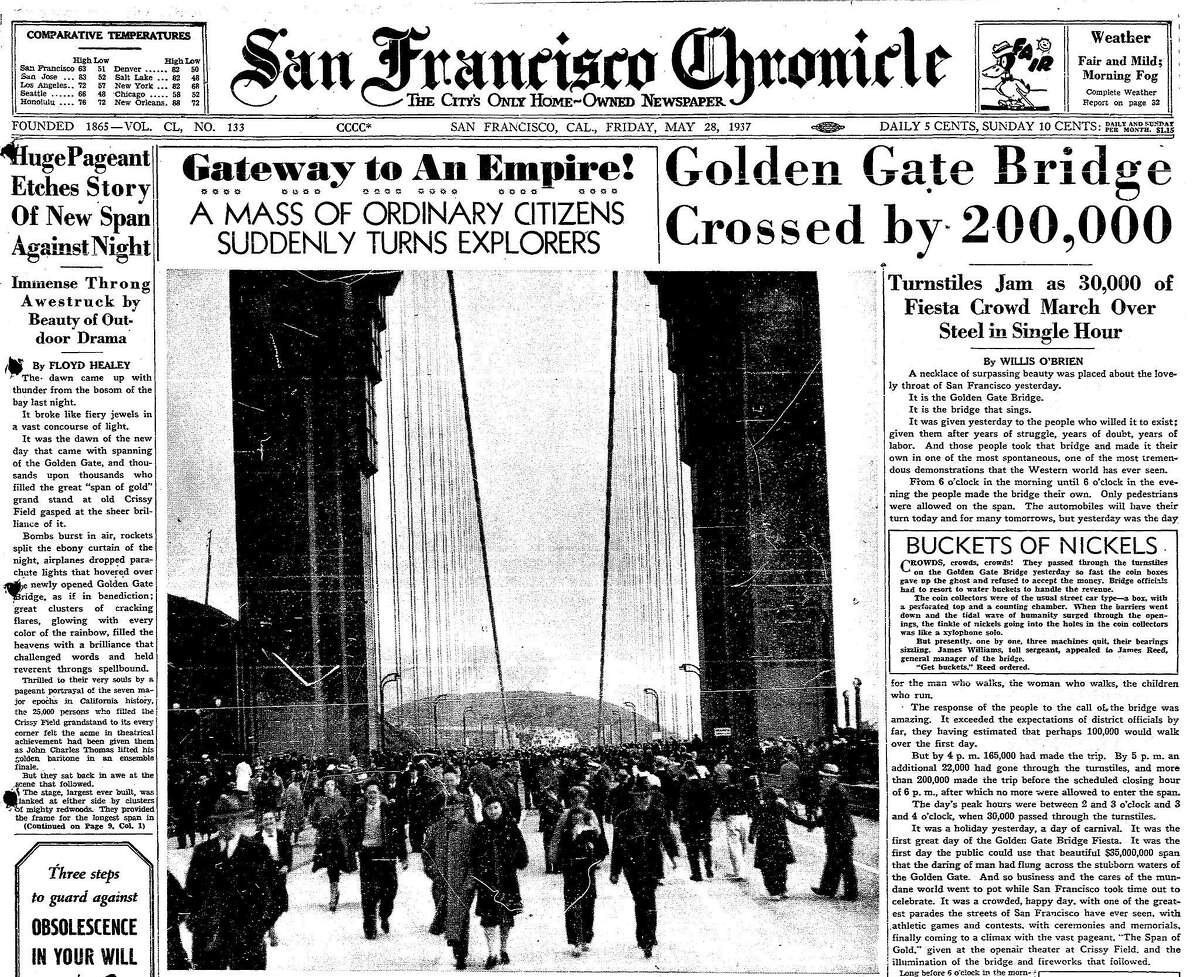 May 28, 1937 Chronicle article reporting on Pedestrians Day, when the bridge was open to pedestrians only, and 200,000 would cross the bridge