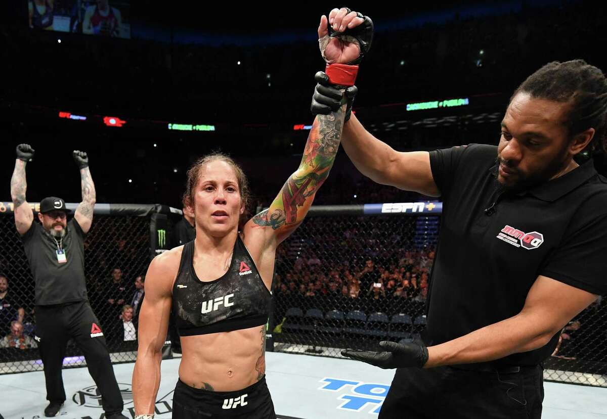 PRAGUE, CZECH REPUBLIC - FEBRUARY 23: Liz Carmouche reacts after her decision victory over Lucie Pudilova of Czech Republic in their women's flyweight bout during the UFC Fight Night event at O2 Arena on February 23, 2019 in the Prague, Czech Republic. (Photo by Jeff Bottari/Zuffa LLC/Zuffa LLC via Getty Images)