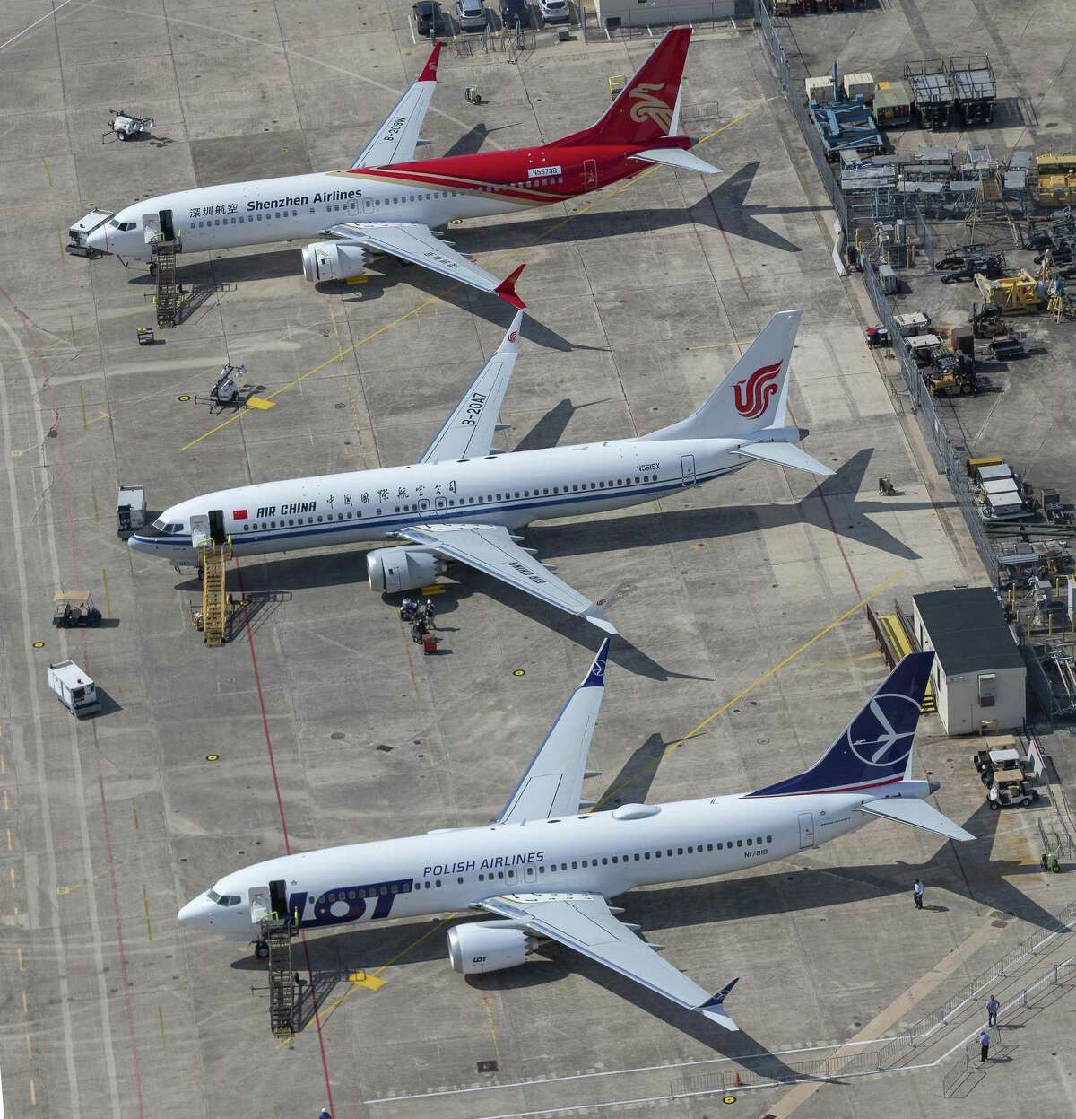 Three Boeing 737 Max aircraft sit Thursday, May 16, 2019 on the ramp at Boeing's maintenance facility in San Antonio as ballooning inventory at the company's Seattle plant is forcing Boeing to store planes at their Port San Antonio maintenance facility. Boeing continues to build new 737 Max aircraft even as it tries to solve safety issues that caused the fleet to be grounded world-wide after two aircraft crashed. Boeing can not deliver the new aircraft to customers until the safety issues are resolved.