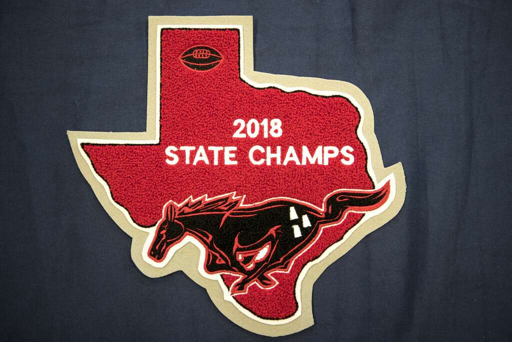 <p>North Shore's State Champs patch is shown as the players received their state championship rings Thursday, May 16, 2019, in Houston. Last fall North Shore captured its third state championship in a 41-36 win</p>