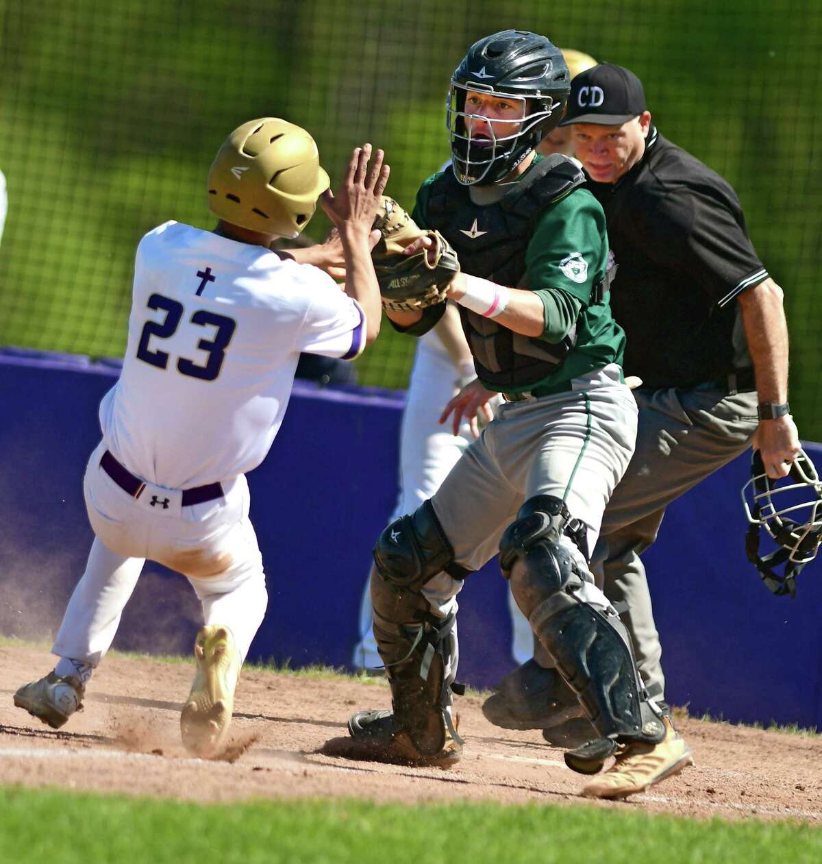 Shenendehowa catcher Jack Voce tags out Christian Brothers Academy's Michael Hicks at home plate during a baseball game on Thursday, May 16, 2019 in Colonie, N.Y. (Lori Van Buren/Times Union)