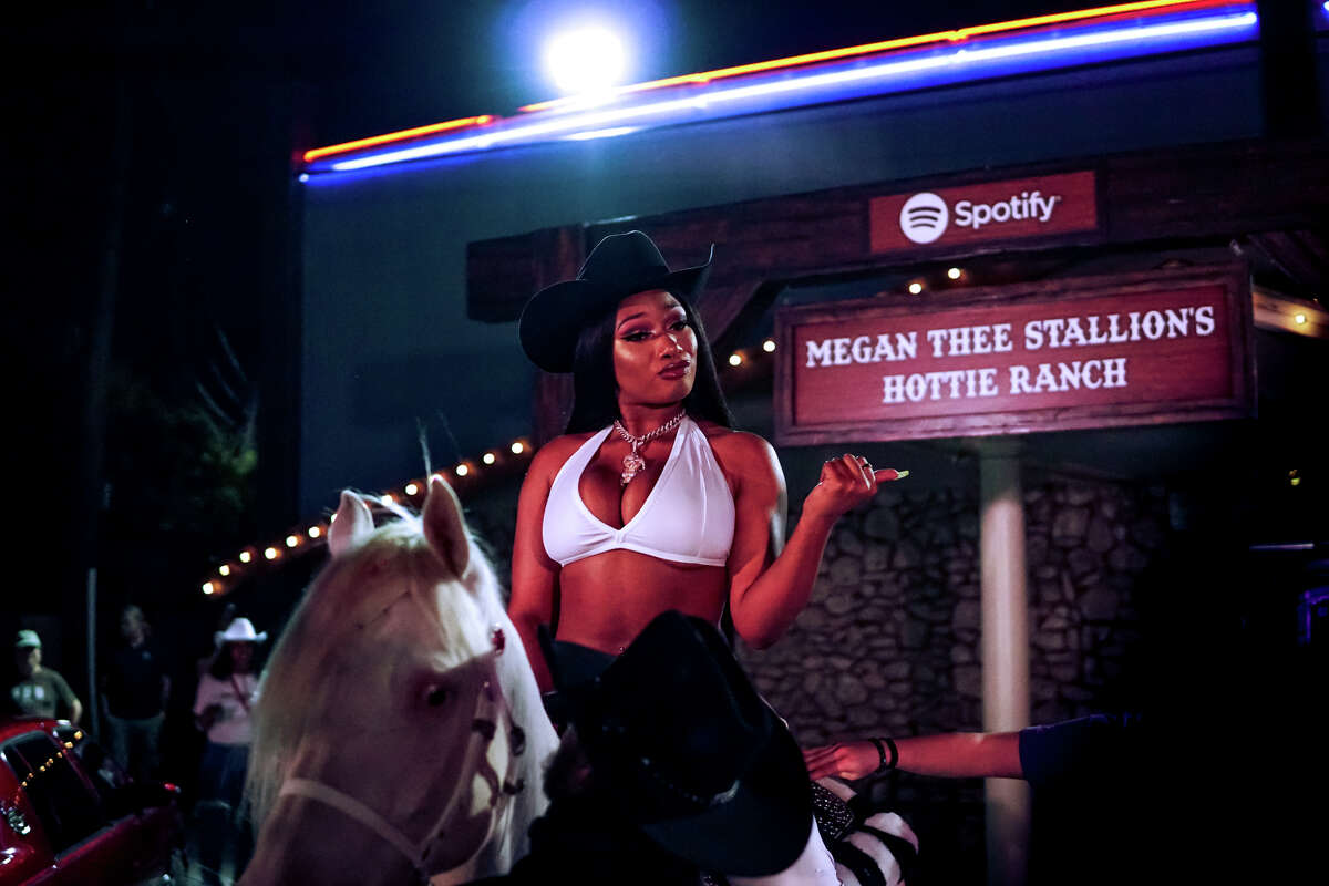Spotify hosted an album release party for Houston's own Megan Thee Stallion at Neon Boots Dancehall & Saloon on May 16th, 2019. The rapper arrived to the venue riding a white horse and wearing a white cowboy hat and chaps. The name of her new album is "Fever". (Photo by Marco Torres/Freelance)