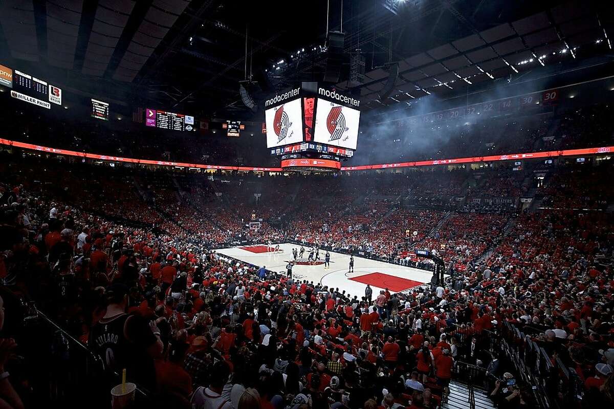 A general view of the Moda Center at tip-off of Game 4 of an NBA basketball second-round playoff series between the Portland Trail Blazers and the Denver Nuggets, Sunday, May 5, 2019, in Portland, Ore. (AP Photo/Craig Mitchelldyer)