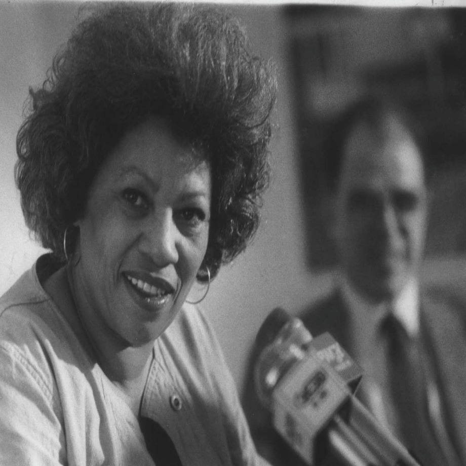 State University of New York, Albany Undated (SUNYA) - Toni Morrison at press conference with William Kennedy in back. September 13, 1984 (Fred McKinney/Times Union Archive) Photo: Fred McKinney / Times Union