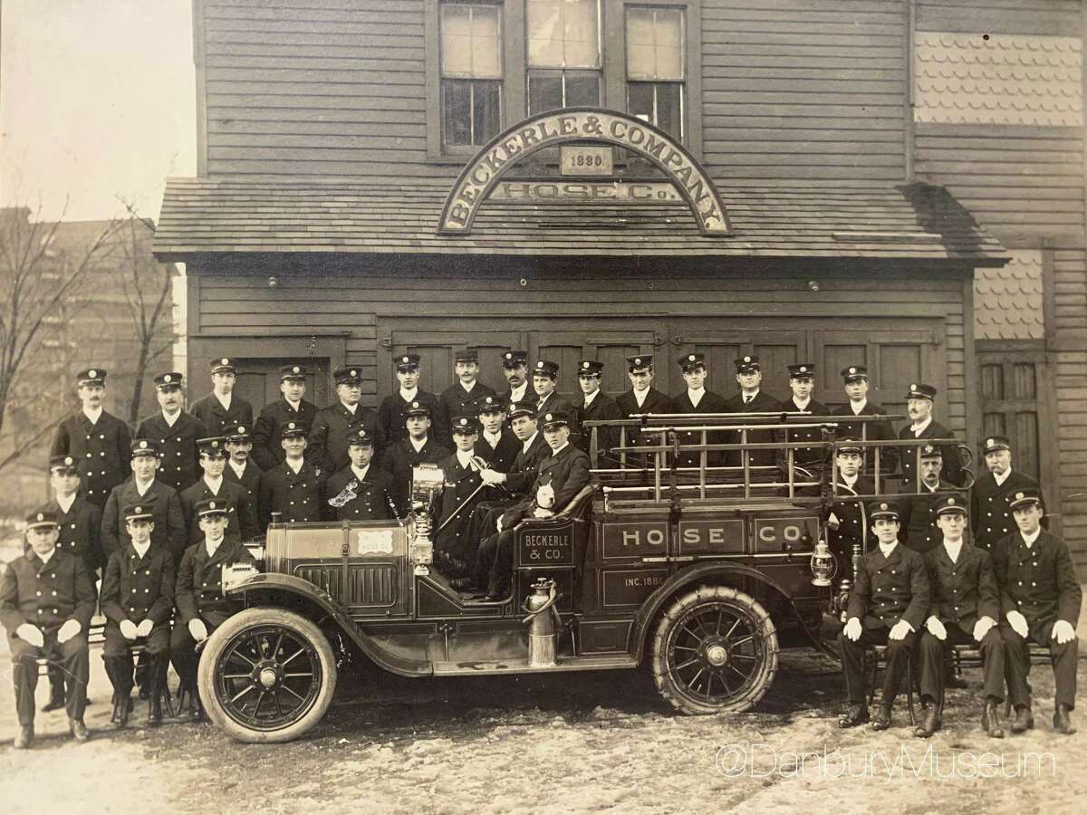 Beckerle Hose firefighters outside the fire company’s Pahquioque Avenue firehouse, circa 1912.