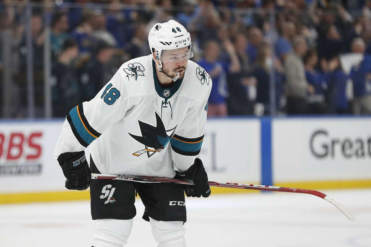 San Jose Sharks center Tomáš Hertl, of the Czech Republic, waits for play to resume during the third period in Game 4 of the NHL hockey Stanley Cup Western Conference final series against the St. Louis Blues Friday, May 17, 2019, in St. Louis.