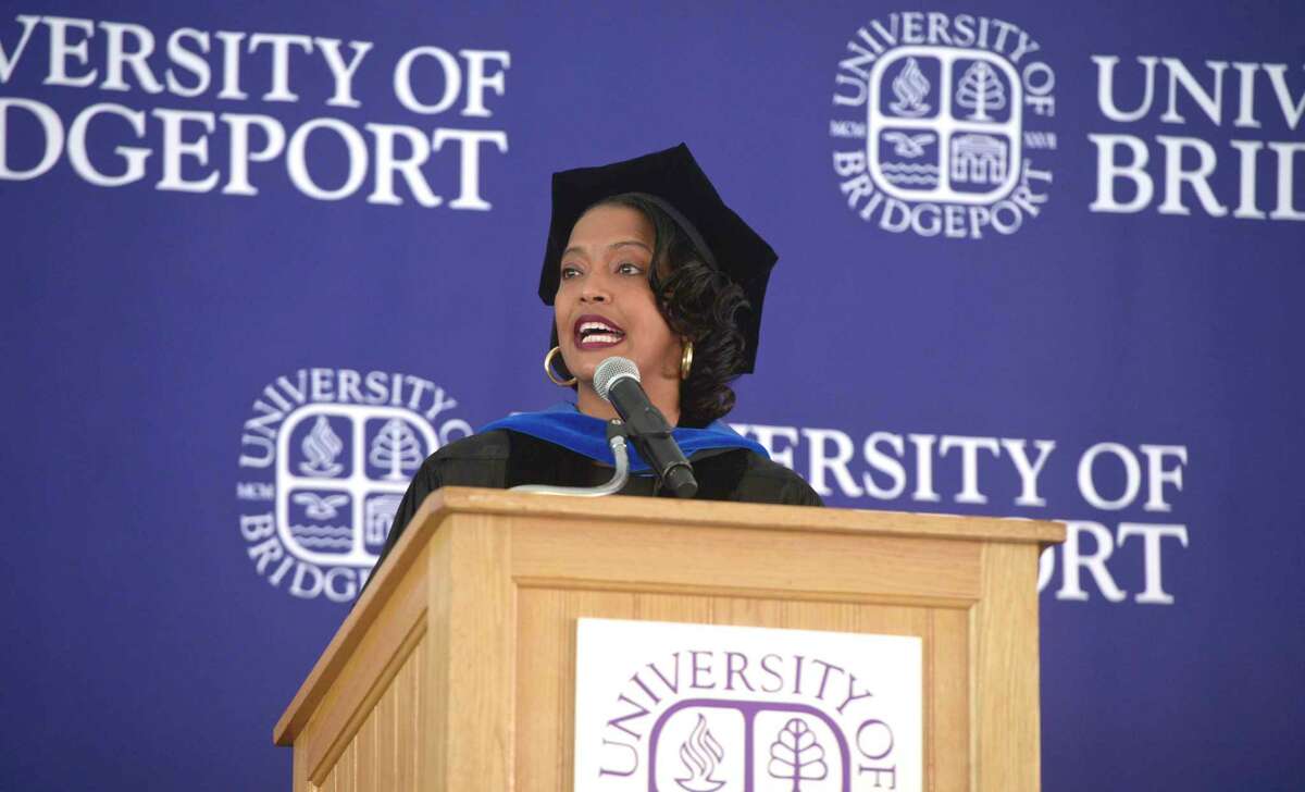 Jahana Hayes, U.S. Representative for the 5th District of Connecticut delivers the Commencement Address at the University of Bridgeport 2019 Undergraduate Commencement Ceremony in Marina Park, Bridgeport, Conn, Saturday morning, May 18, 2019. Hayes is a UB alumnus.