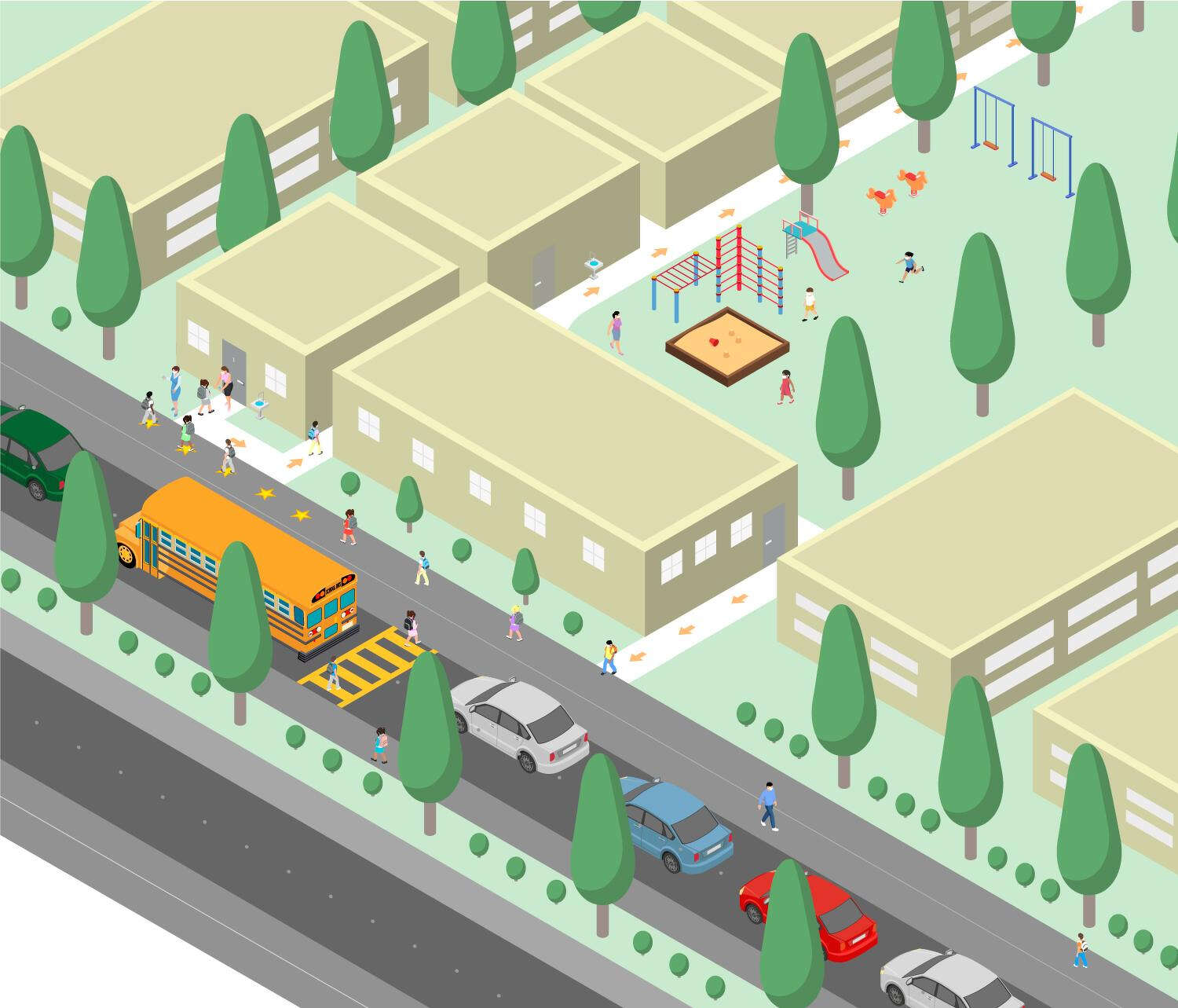 Drawing of school, with buses and cars parked out front.