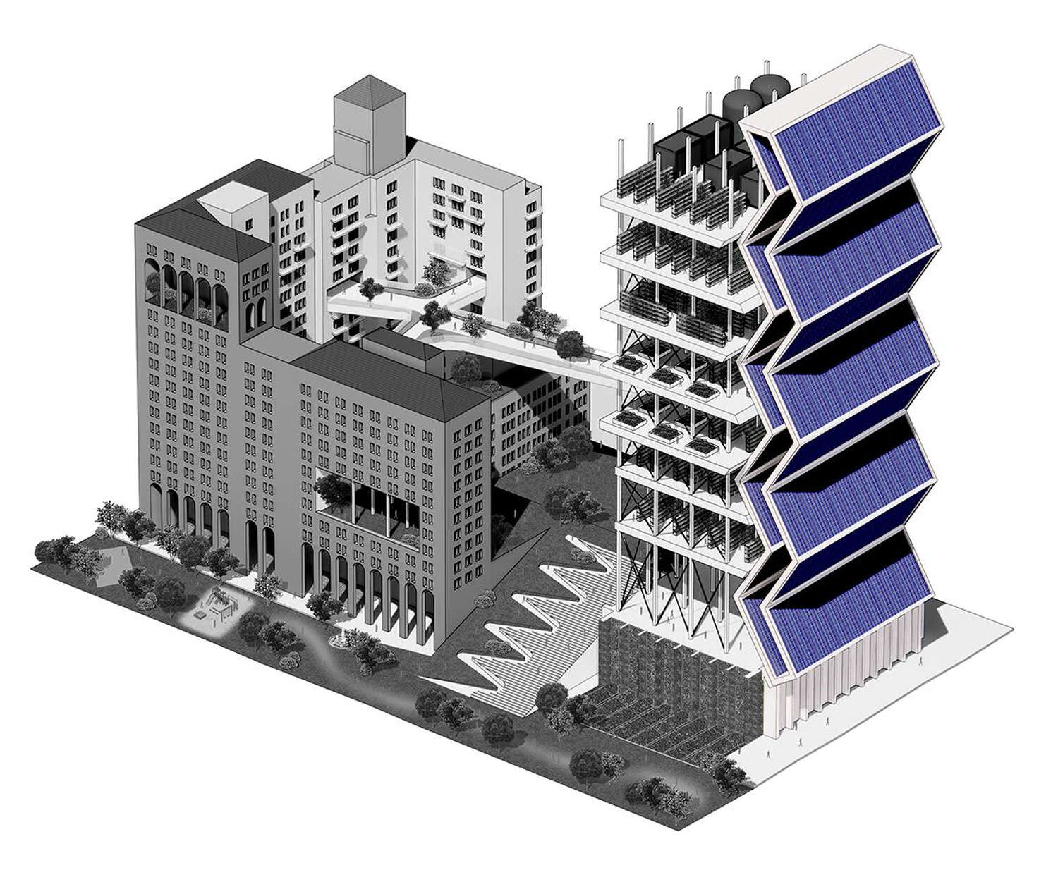 In the foreground of the rendering, the tower of solar panels is highlighted.