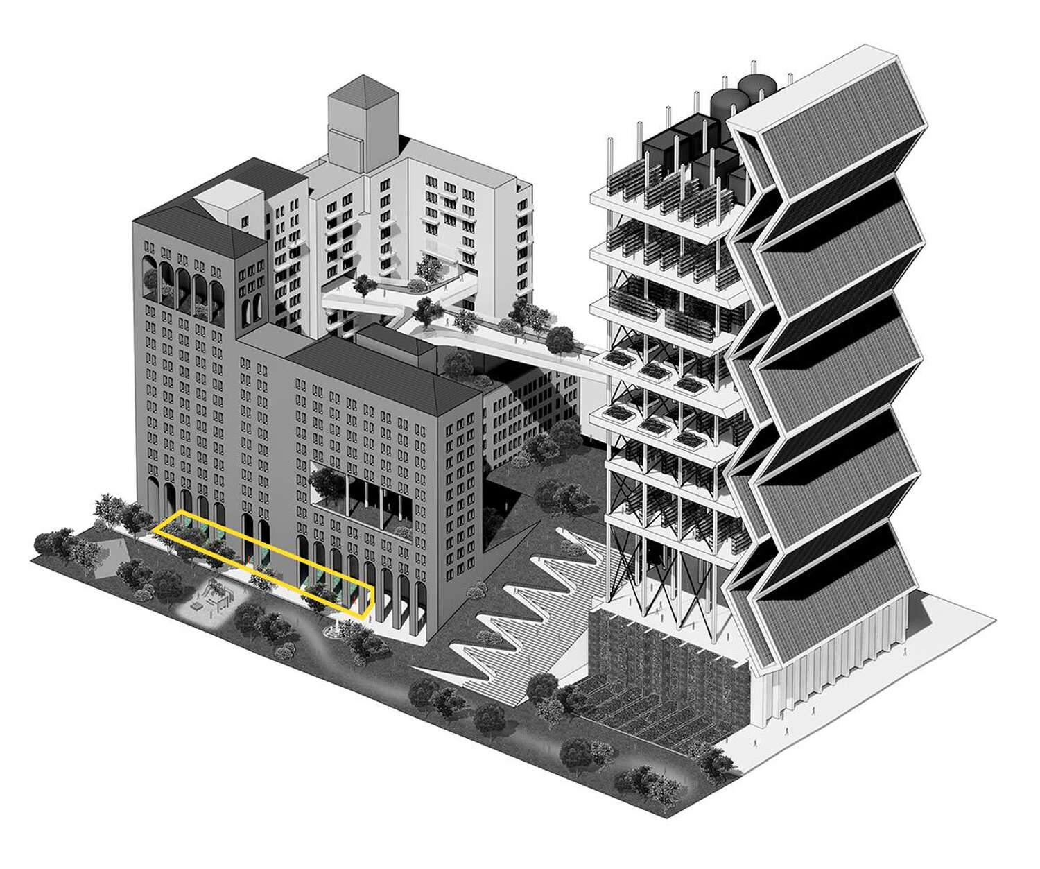 The spaces in between archways at the bottom of the building in the back of the rendering is highlighted. A swimming pool is barely visible.