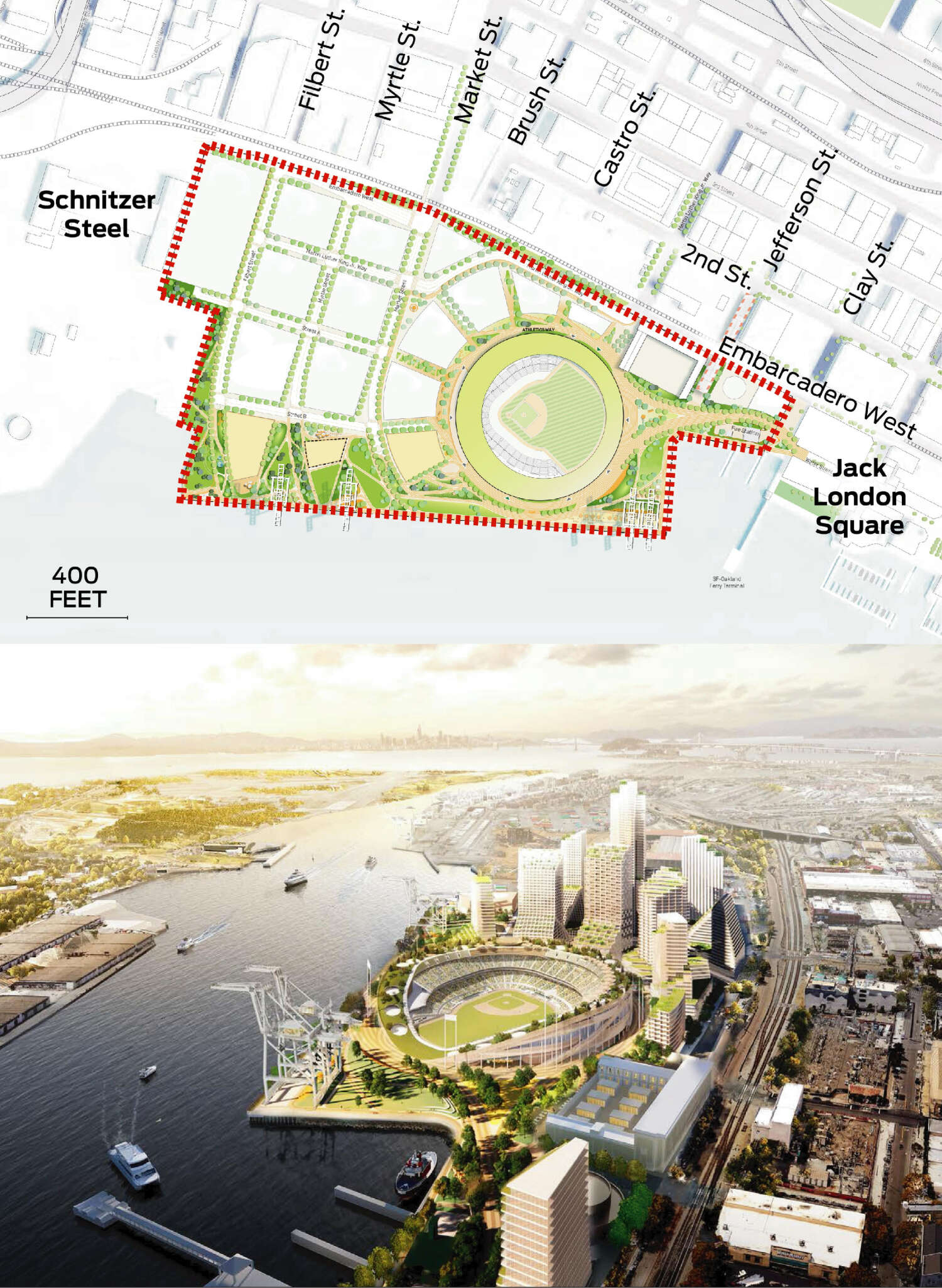 A map displays Howard Terminal and the boundaries of the A’s ballpark project. A rendering shows an overall view of the proposed ballpark.